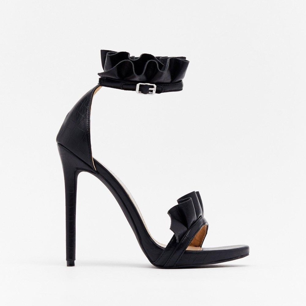 NEW Nasty Gal Stilettos Back On Your Feet Black Faux Leather Ruffle Heels Size 8